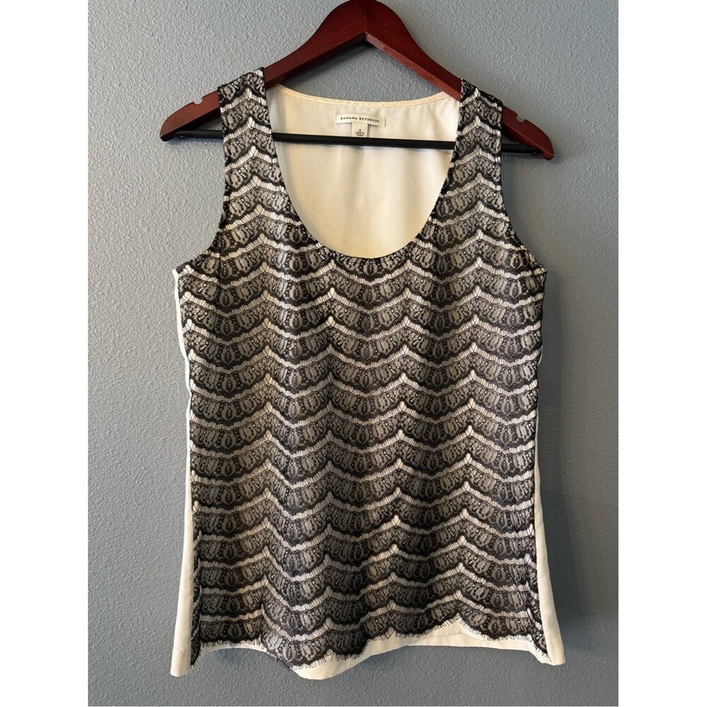 Banana Republic Silk Lace Tank Top Womens S Ivory Black Sleeveless Blouse